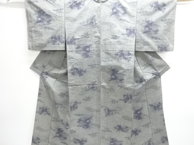 JAPANESE KIMONO / ANTIQUE HITOE TSUMUGI / WOVEN FLOWER & PLANT 
